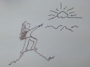 TLC sketch - Upcoming, woman pointing to next mountain